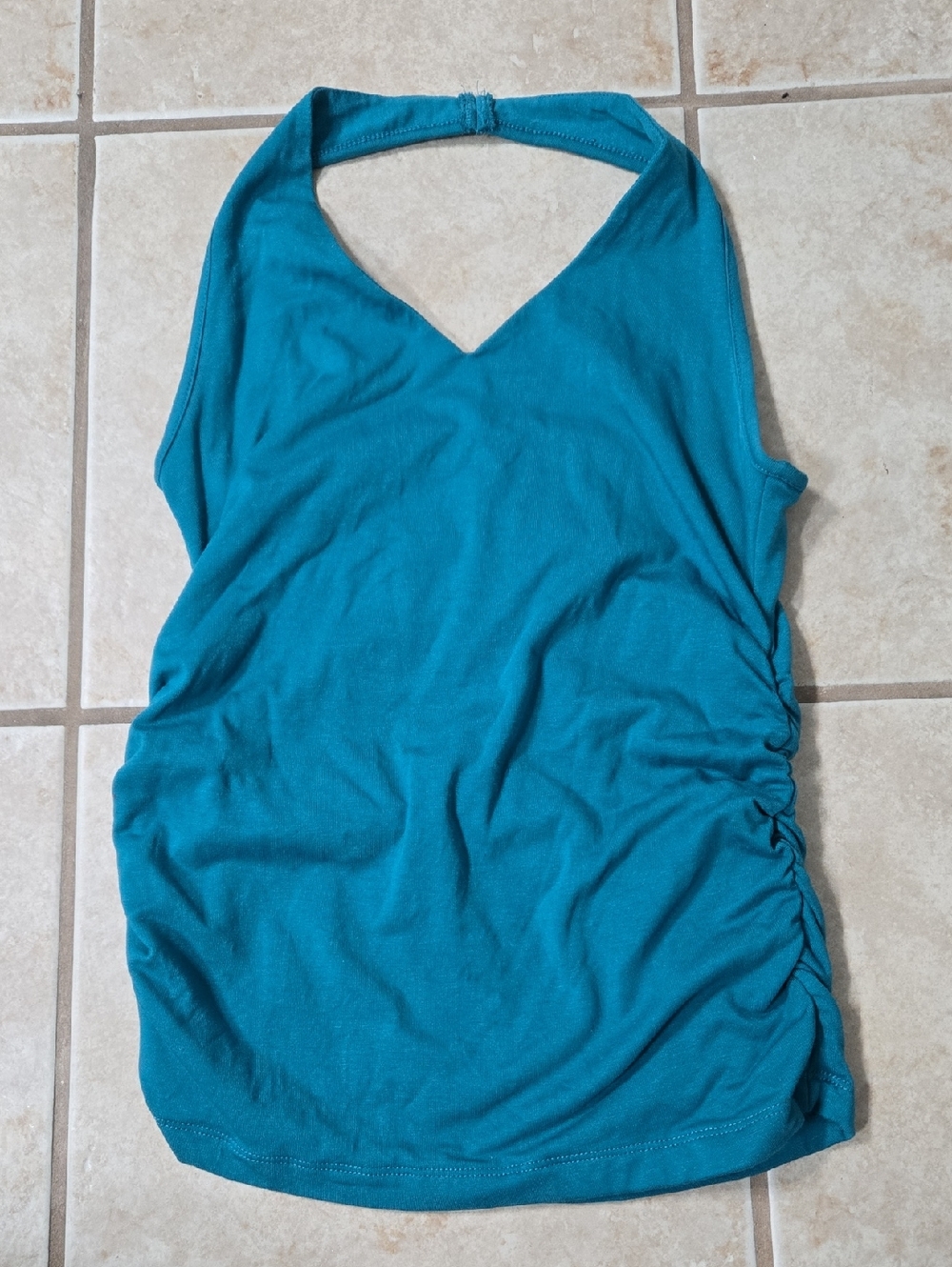 Teal V-Neck Halter Tank Top with Side Ruching